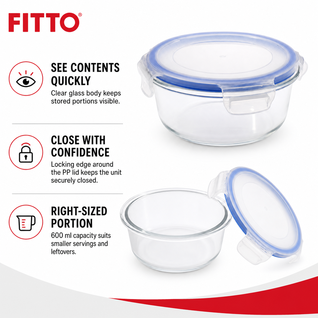 96 Pieces Round Glass Food Storage Containers with Locking PP Lid, 600 ml, Clear Body with Blue Rim