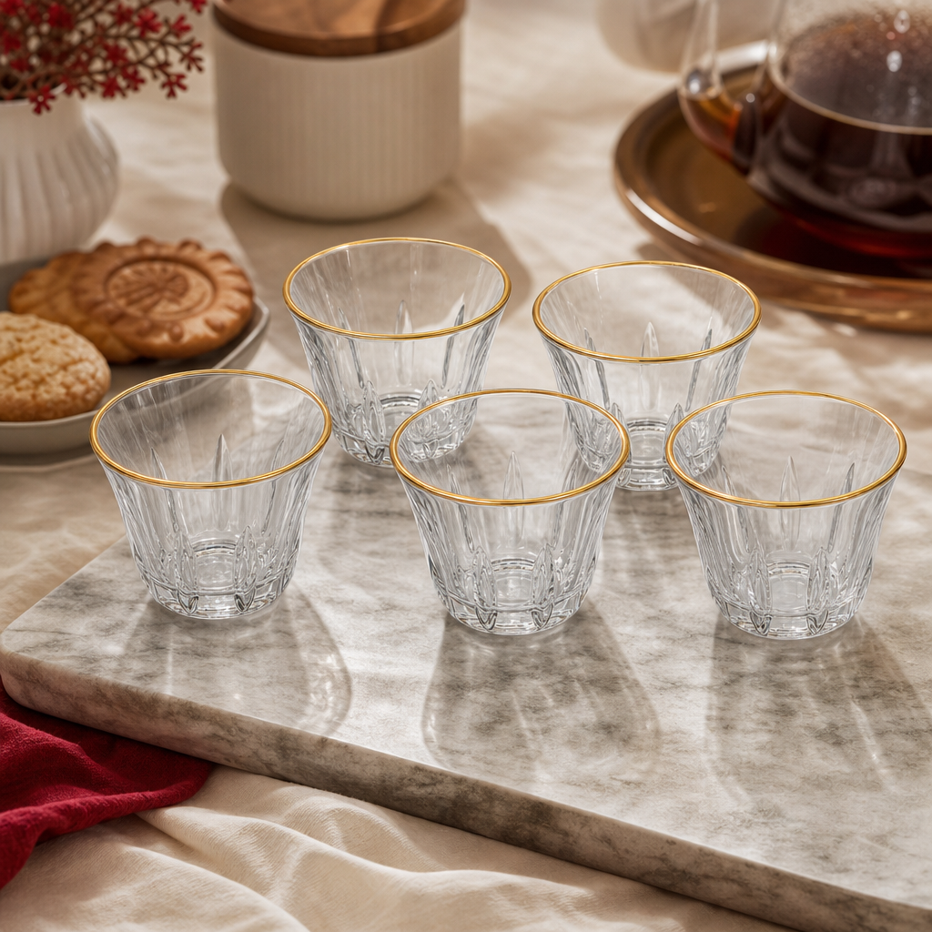96 Pieces Clear Glass Cawa Cups with Gold-Tone Rims, Faceted Design, 6 Pieces
