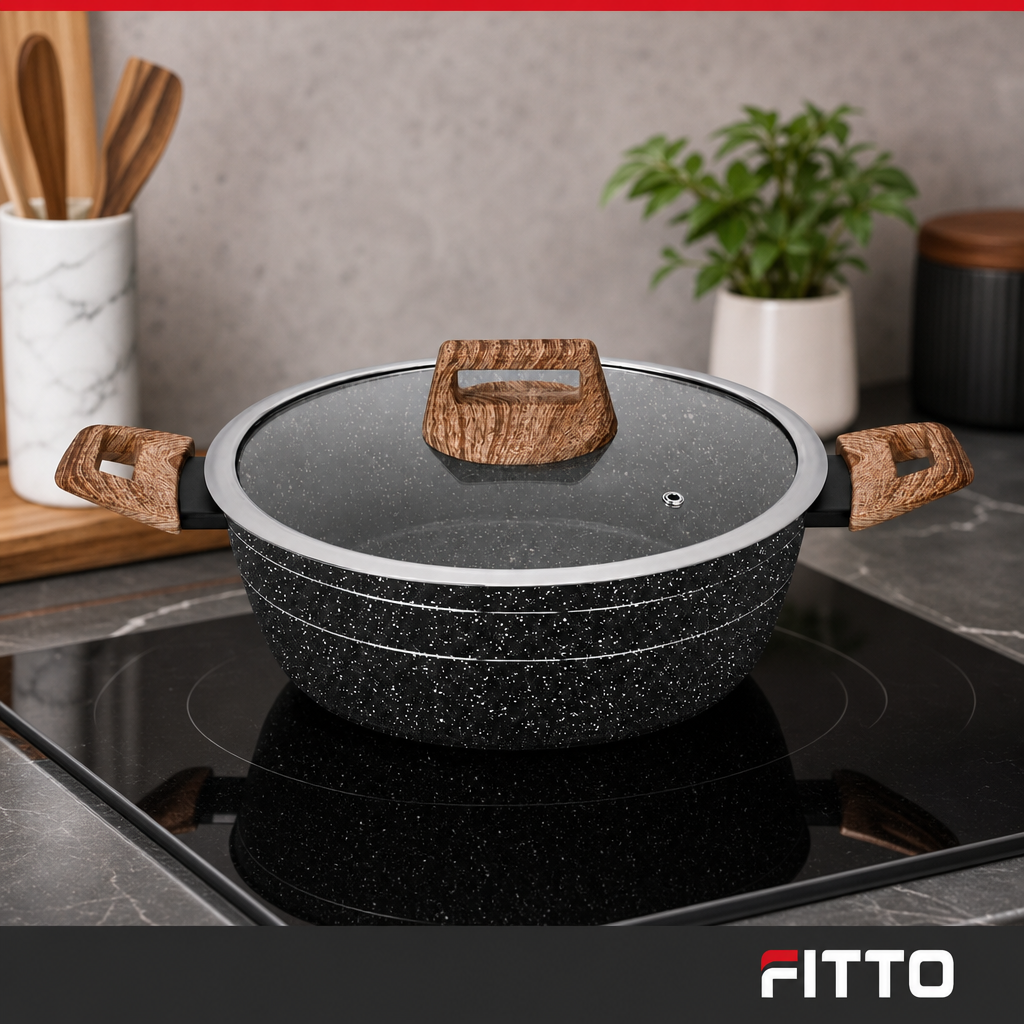 48 Pieces Forged Aluminium Casserole with Glass Lid, 20 x 9 cm, Black Speckled