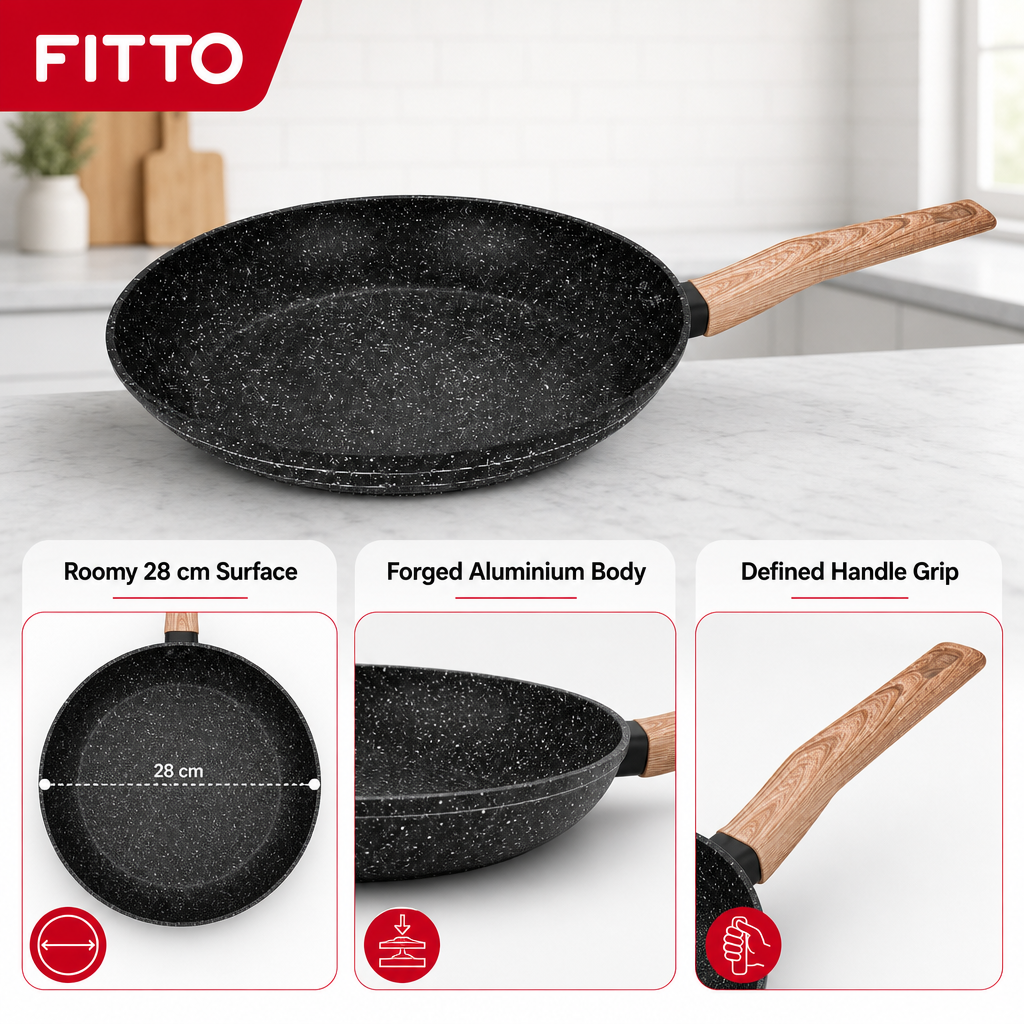 48 Pieces Forged Aluminium Frying Pan Without Lid, Round Black Cookwares, 28 cm Diameter x 5.2 cm Deep