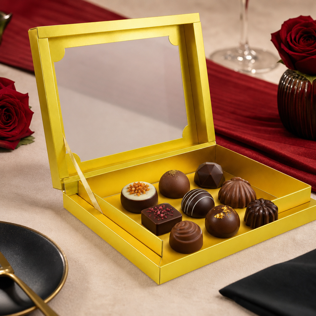 96 Pieces Chocolate Presentation Box with Ribbon, Gold Square 26 × 26 × 4.8 cm, 1 Piece