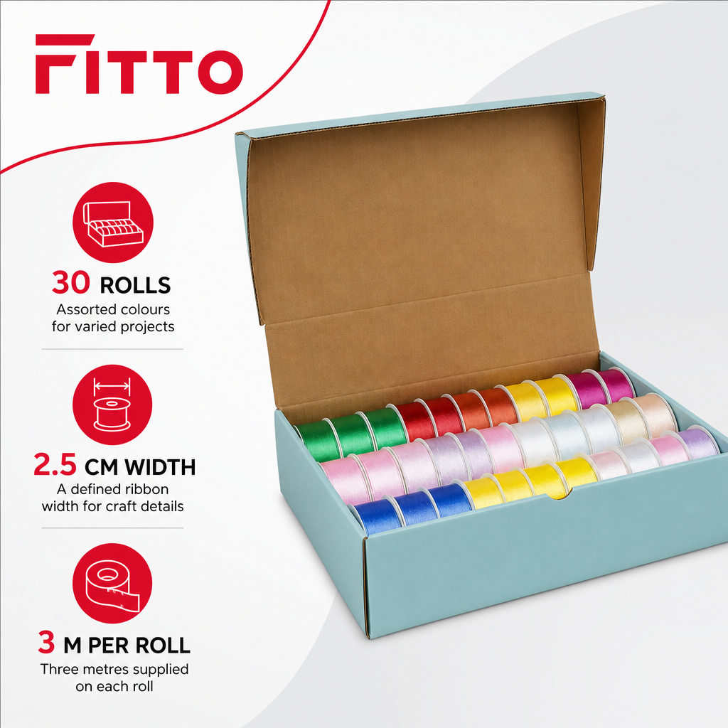 48 Pieces Assorted Colour Satin Ribbon Rolls, 2.5 cm x 3 m, 30 Rolls for Crafts