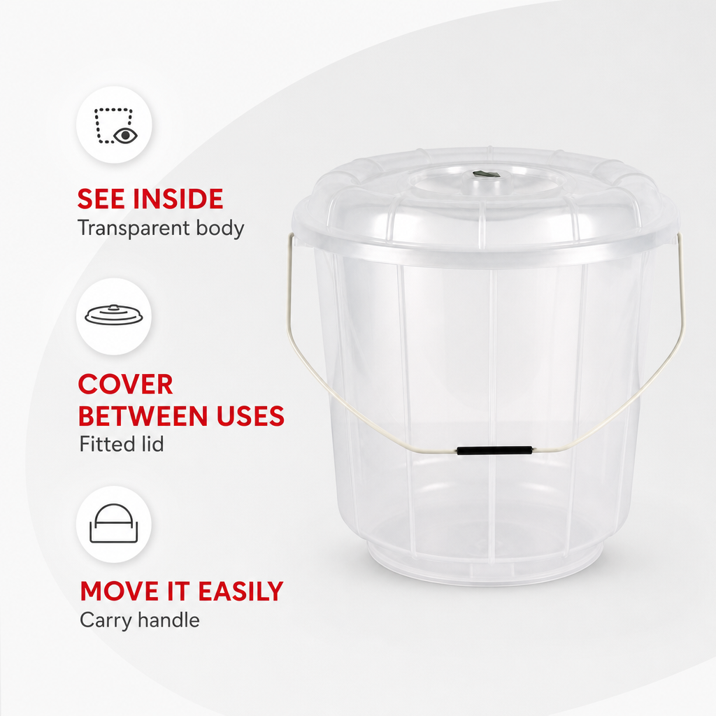 96 Pieces Transparent Plastic Bucket with Lid and Carry Handle, 20 Litre
