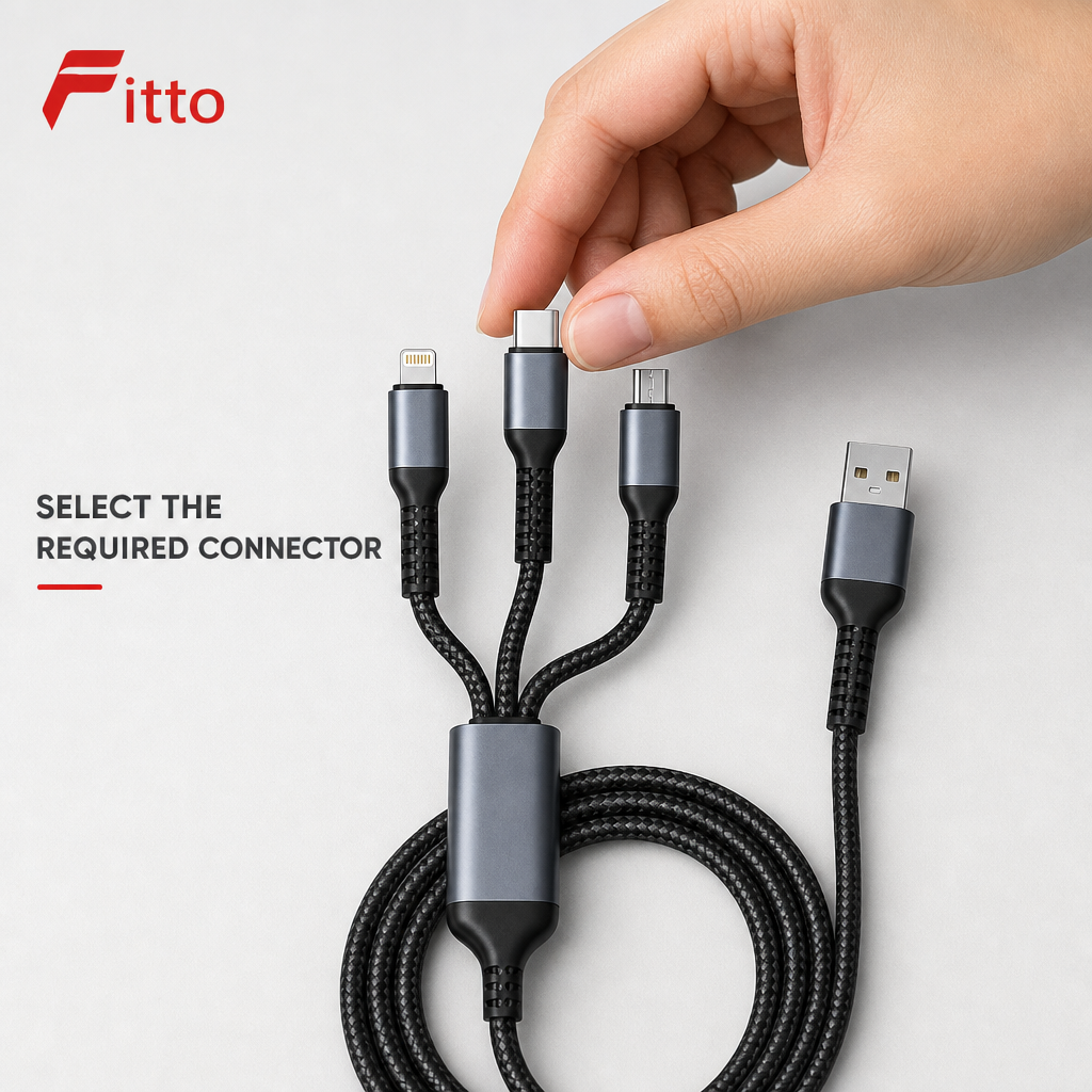 144 Pieces 3-in-1 Fast Charging Data Cable with USB-C, Micro-USB and Mobile Connectors, 100W, Black