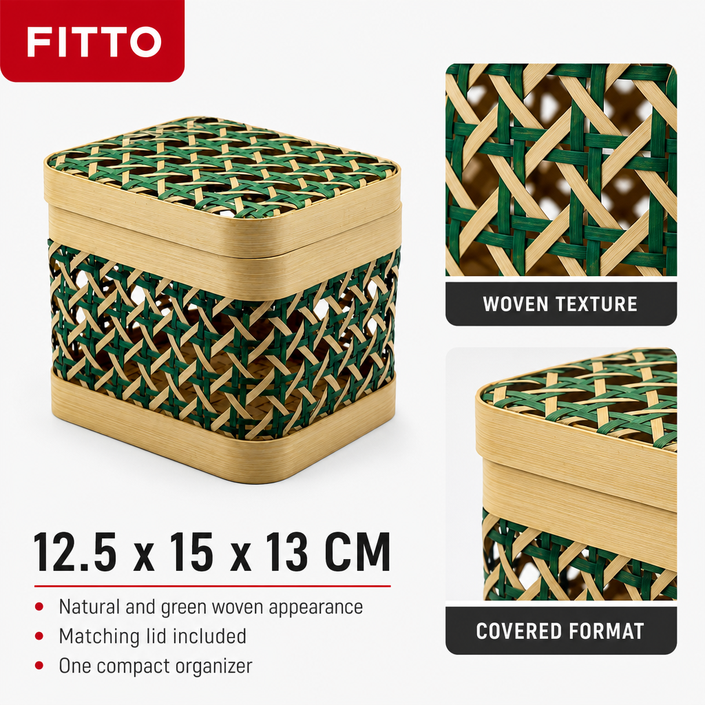 96 Pieces Woven Storage Box with Lid, Natural and Green, 12.5 x 15 x 13 cm