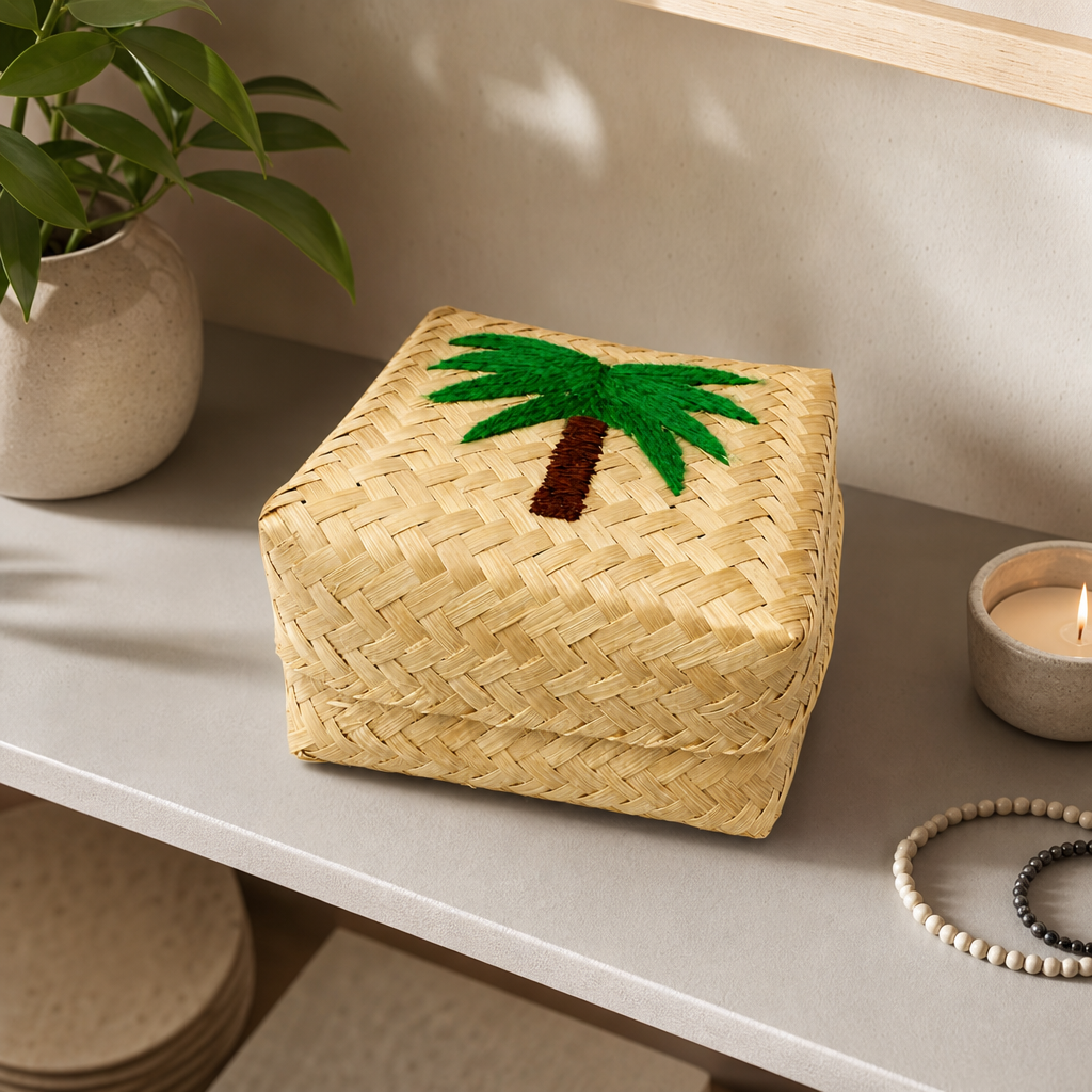 96 Pieces Handwoven Bamboo Square Storage Box with Palm Tree Design, 6 x 6 Inch, Natural Beige