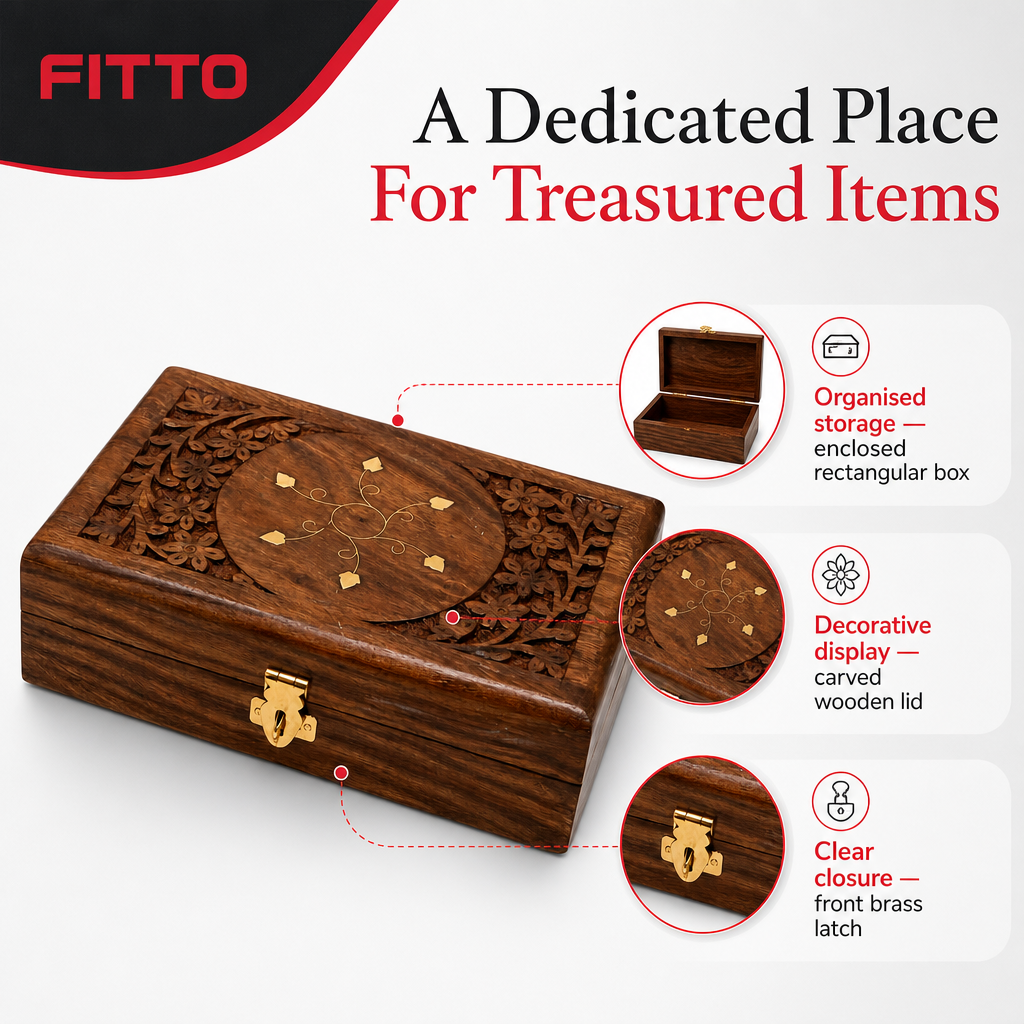 96 Pieces Carved Wooden Keepsake Box with Brass Latch, Rectangular Storage Container, 8 x 5 Inch
