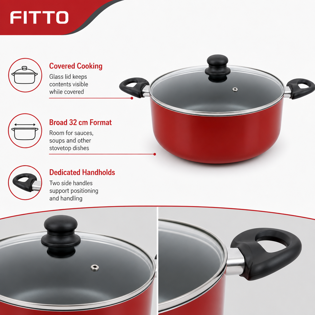 48 Pieces Red 32 cm Aluminium Non-Stick Saucepot with Glass Lid and Side Handles