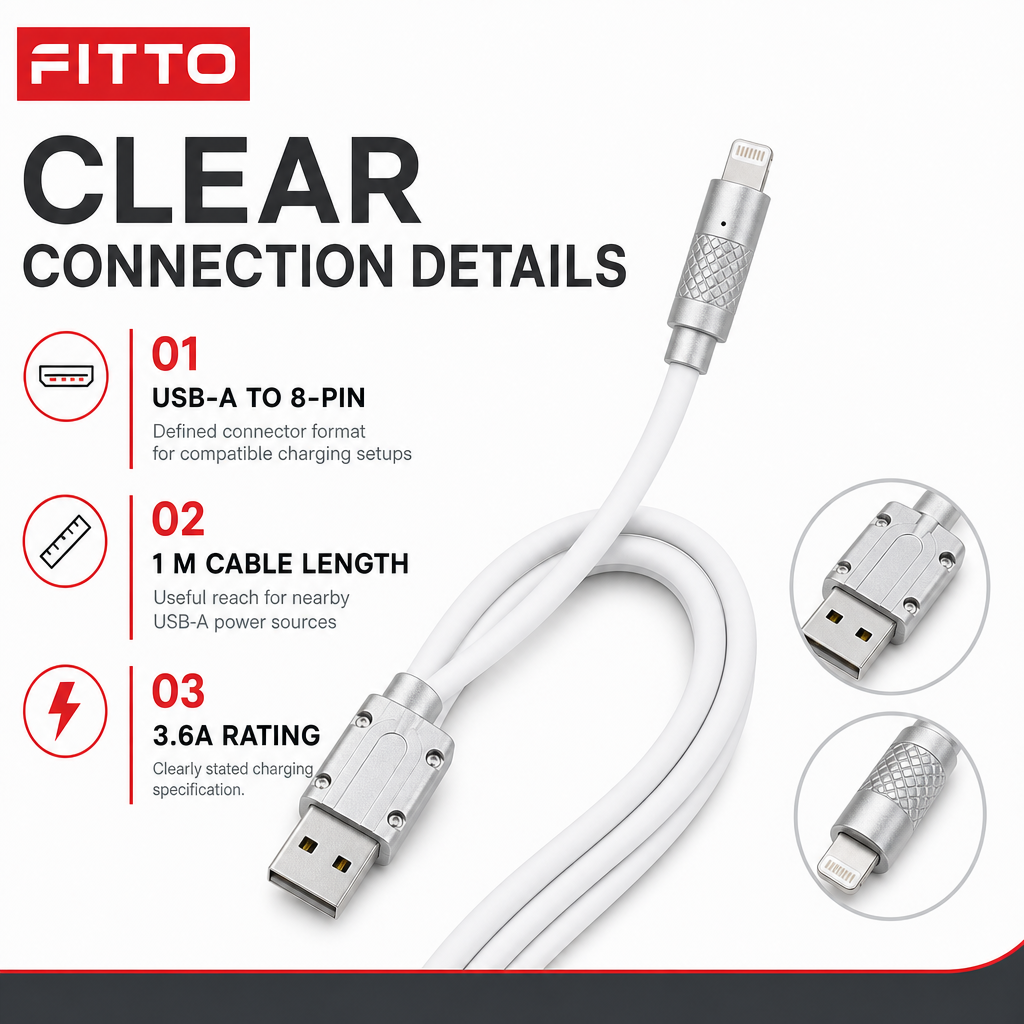 144 Pieces USB-A to 8-Pin Fast Charging Cables, 3.6A, 1 m, White
