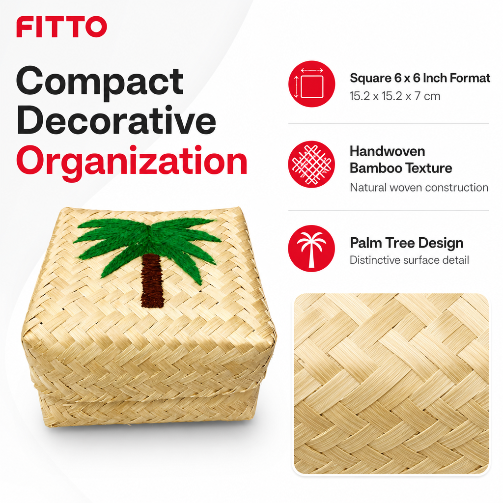 96 Pieces Handwoven Bamboo Square Storage Box with Palm Tree Design, 6 x 6 Inch, Natural Beige
