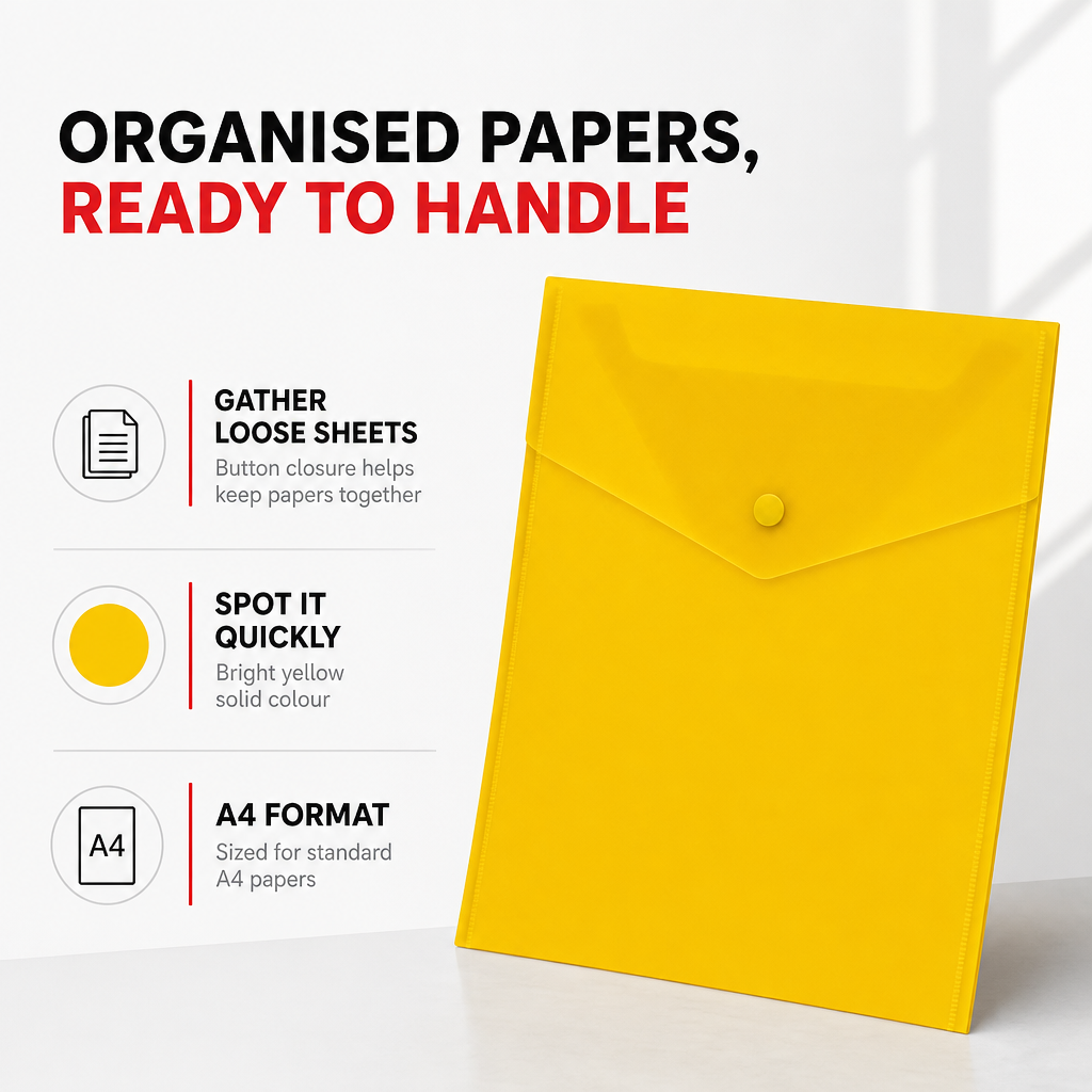 240 Pieces A4 Plastic Button Document Folder Yellow 1 Piece for Office and School Paperwork