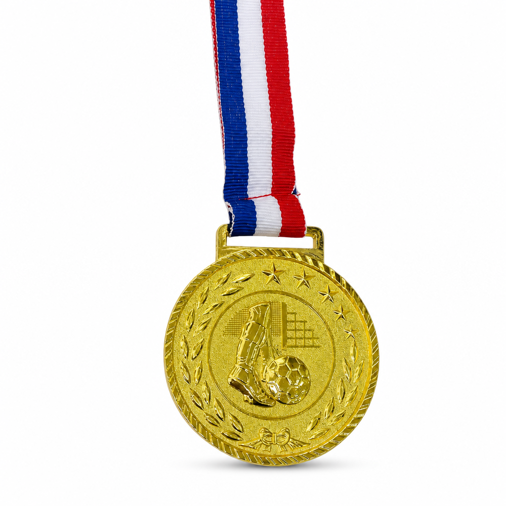 144 Pieces Football Sports Medal with Red White and Blue Ribbon, Gold