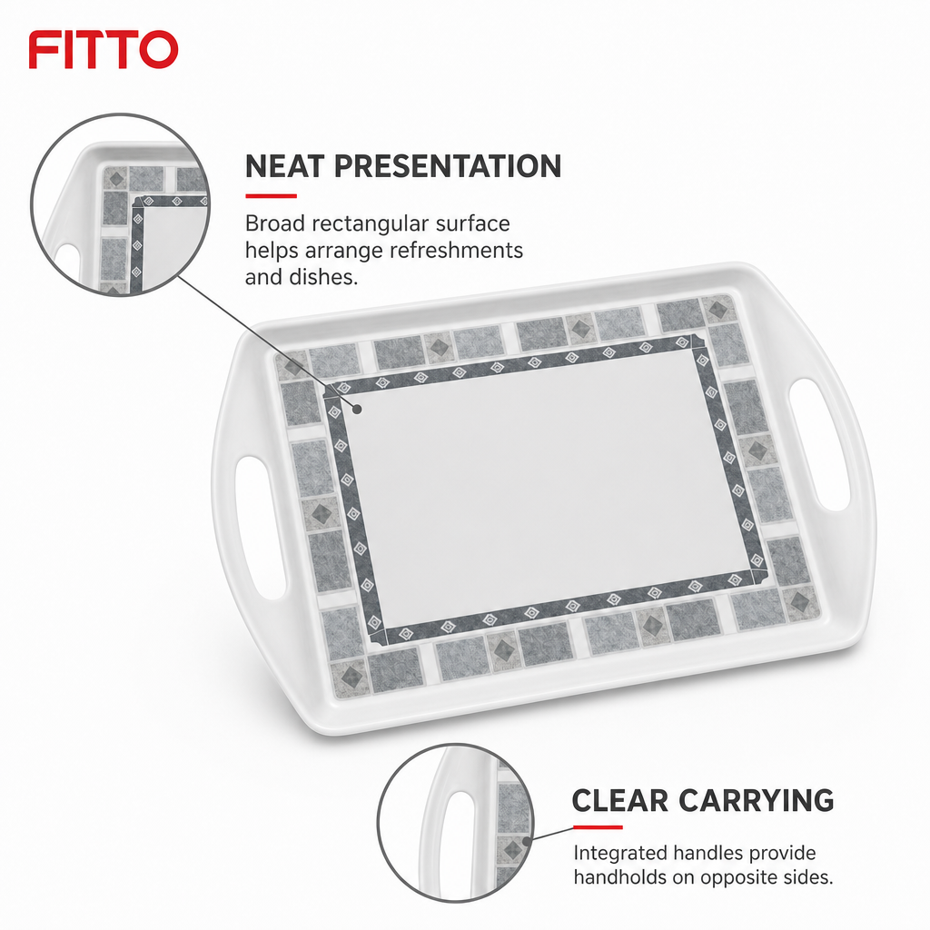 96 Pieces Serving Trays, Rectangular Melamine Tray with Double Handles, 18 Inch, Grey Geometric Border
