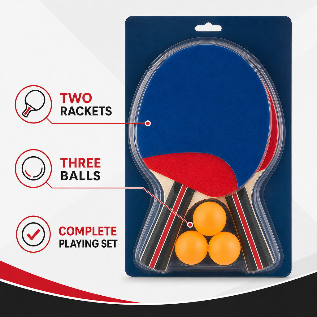 96 Pieces Table Tennis Racket Set, 2 Rackets and 3 Balls, Red and Blue Paddle Set for Recreational Matches
