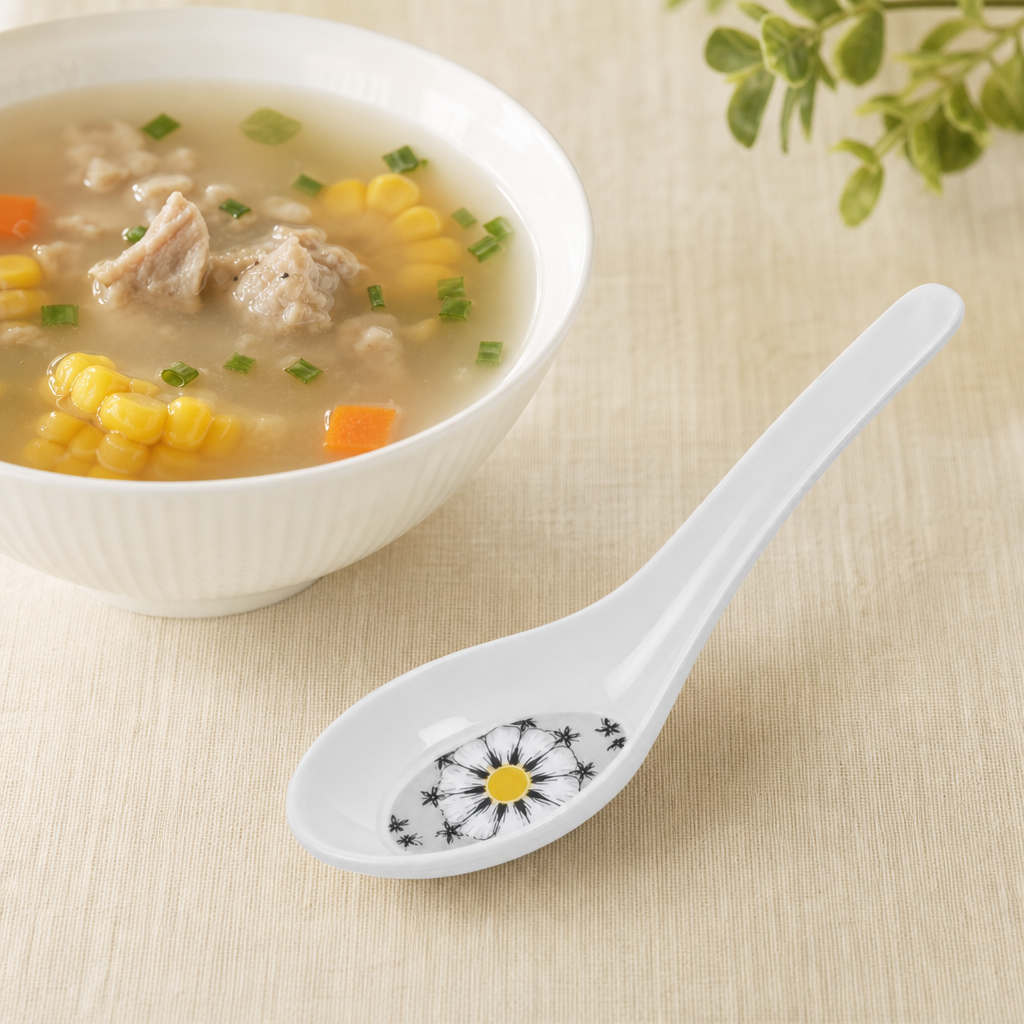 240 Pieces Melamine Chinese Soup Spoon, White Floral Pattern, 15 cm