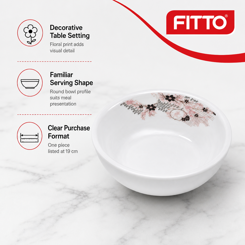 144 Pieces White Round Serving Bowl with Floral Print, 19 cm, 1 Piece