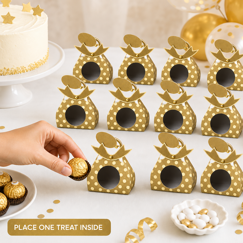 96 Pieces Candy Favor Boxes, Gold Crown-Top Paper Party Containers, 9.5 x 4.3 x 13.2 cm, 12 Pieces