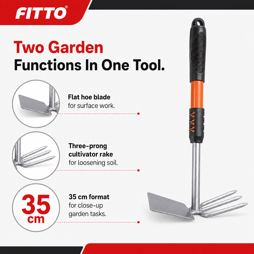 120 Pieces Dual-Head Garden Hand Tools with Flat Hoe Blade and 3-Prong Cultivator Rake, 35 cm, Silver Black Orange
