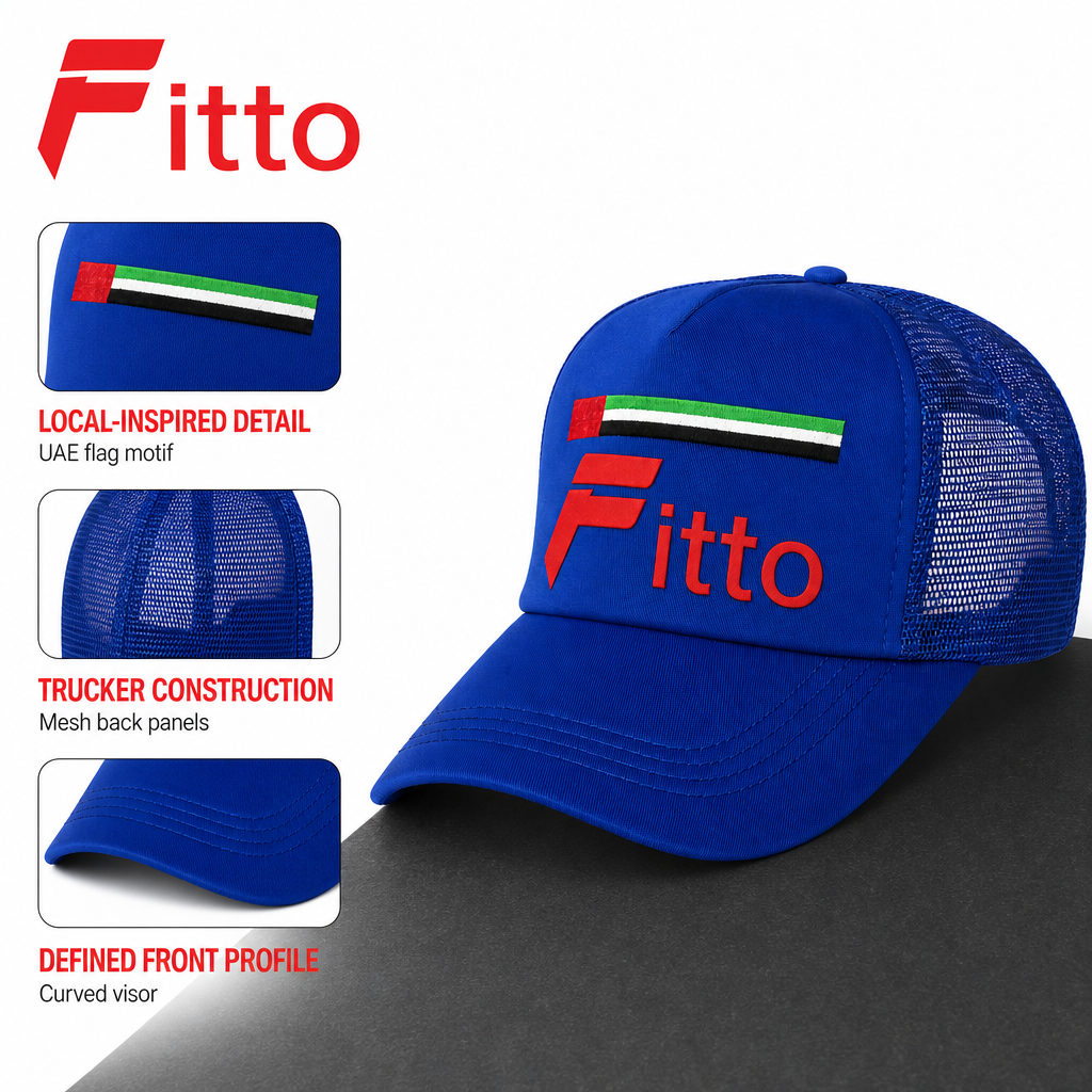 120 Pieces Blue Trucker Cap with UAE Flag Design, Curved Visor and Mesh Back, 1 Piece