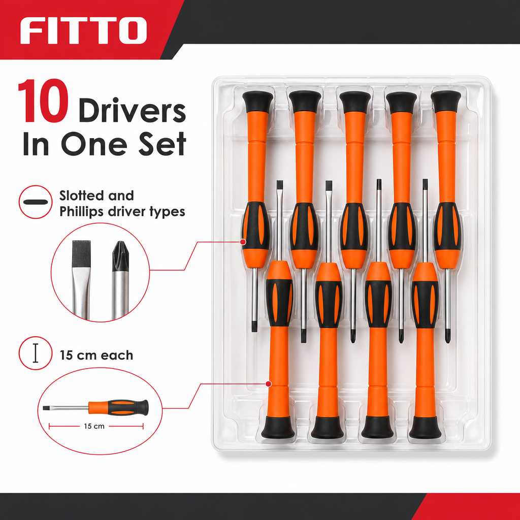 96 Pieces Precision Screwdriver Set with Slotted & Phillips Drivers, 15 cm Each, Orange and Black, 10-Piece Set