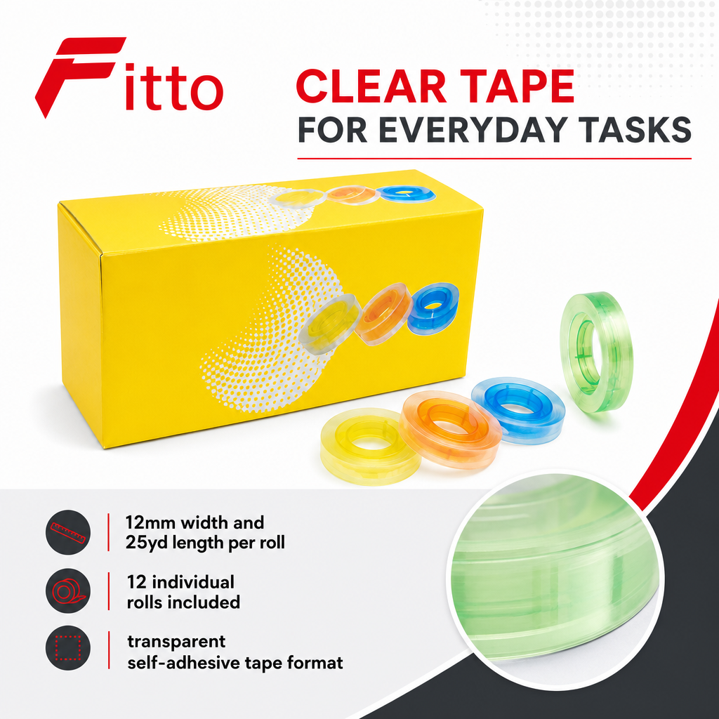 96 Pieces Self Adhesive Crystal Clear Tape, 12mm x 25yd, 12 Rolls for Office, Craft and Wrapping Use
