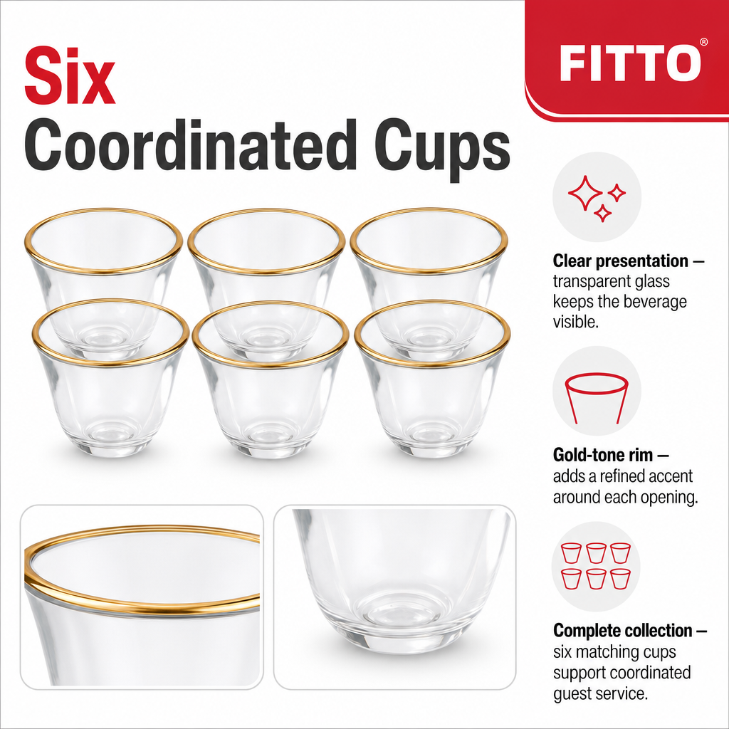 96 Pieces Clear Glass Cawa Cups with Gold-Tone Rims, Rounded Design, 6-Piece Drinkwares Set