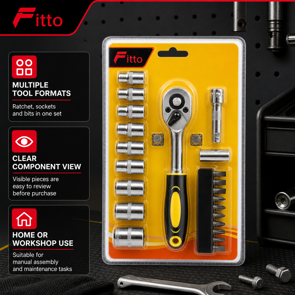 96 Pieces Ratchet Socket and Bit Tool Set, 21-Piece Hand Tool Kit, 20 cm, Black Yellow and Silver