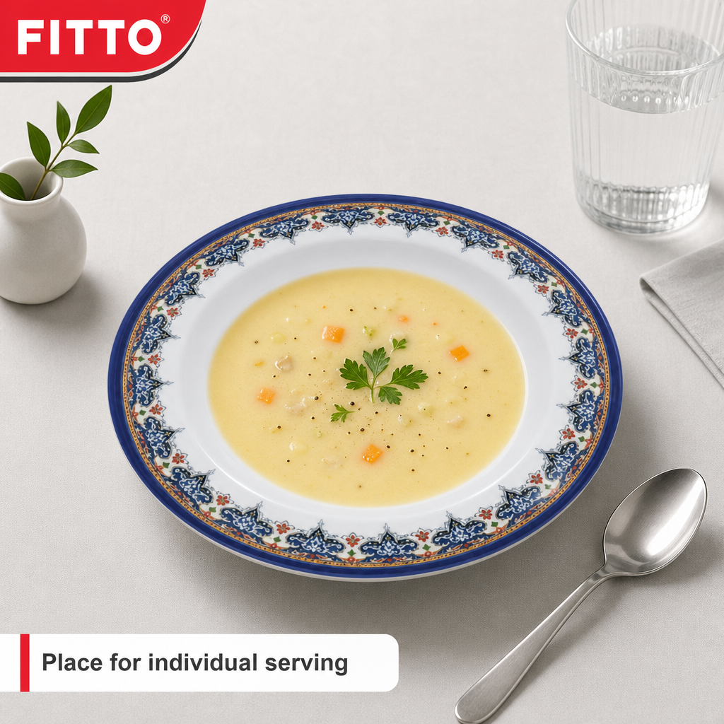 120 Pieces Melamine Soup Plate, 9 Inch, Round White Plate with Blue Floral Border