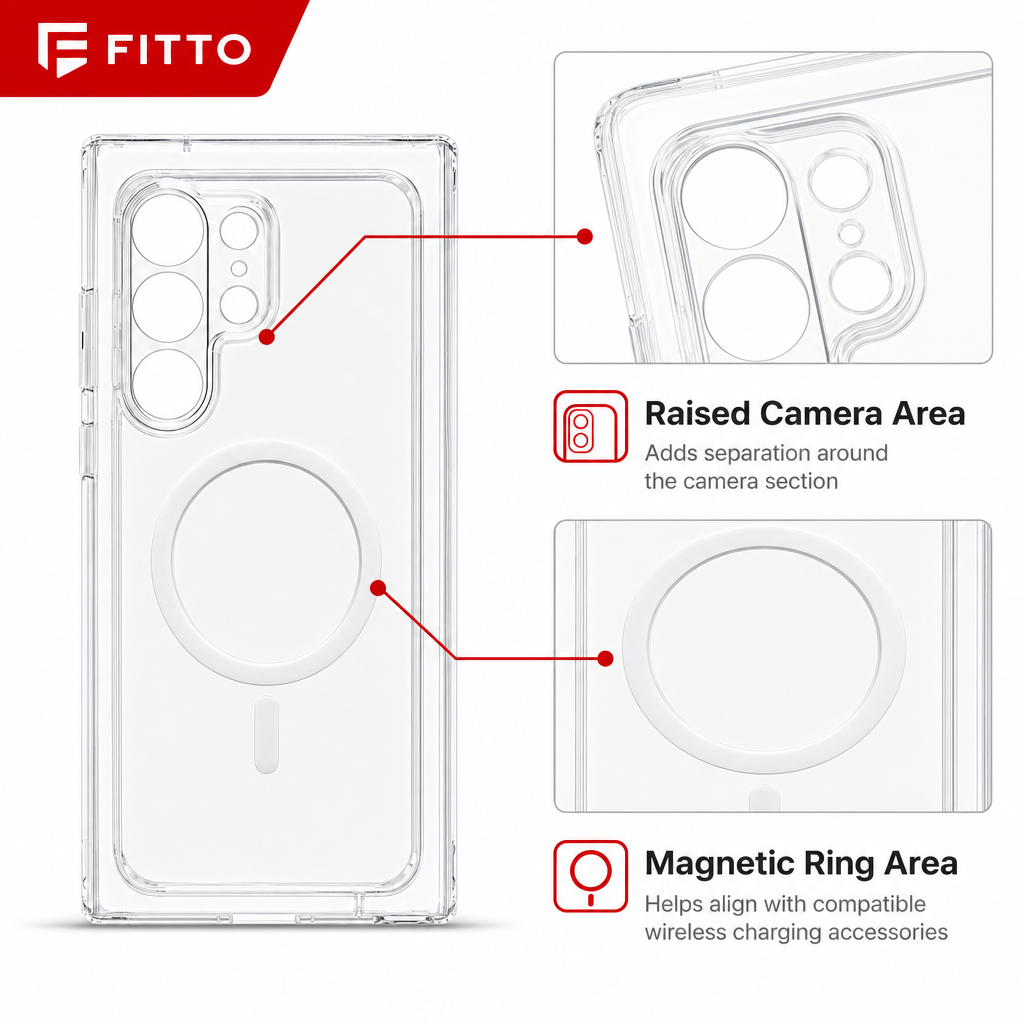 96 Pieces Crystal Clear Magnetic Phone Cases with Ring, Raised Camera Protection and Wireless Charging Support