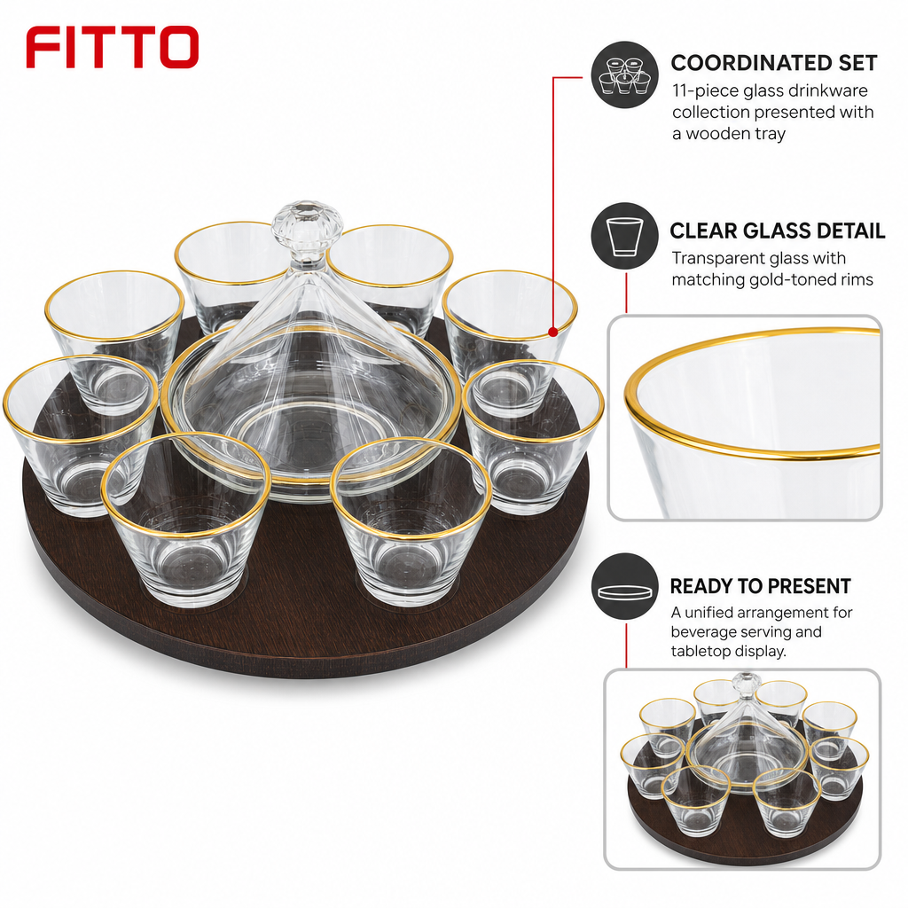 60 Pieces Clear Glass Drinkwares Set with Gold Rims and Wooden Tray, 11-Piece Beverage Serving Collection