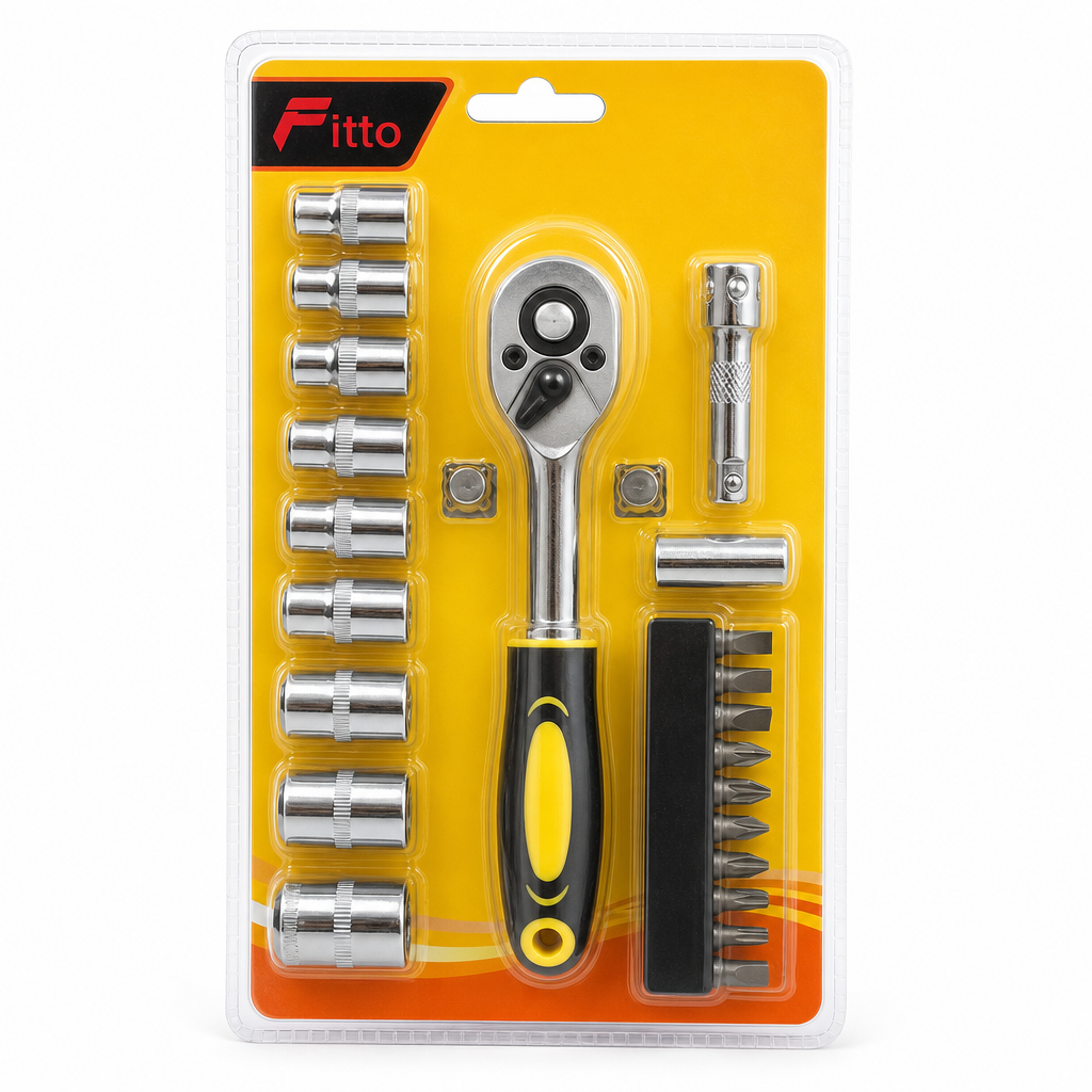 96 Pieces Ratchet Socket and Bit Tool Set, 21-Piece Hand Tool Kit, 20 cm, Black Yellow and Silver