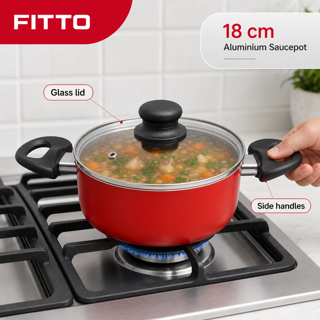 60 Pieces 18 cm Aluminium Non-Stick Saucepot with Glass Lid and Side Handles, Red