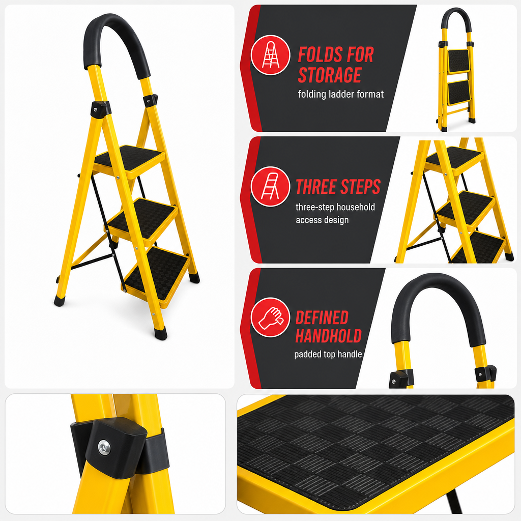 48 Pieces Folding Step Ladders, 3-Step Metal Household Ladder, Yellow, 110 x 42 cm, 1 Piece