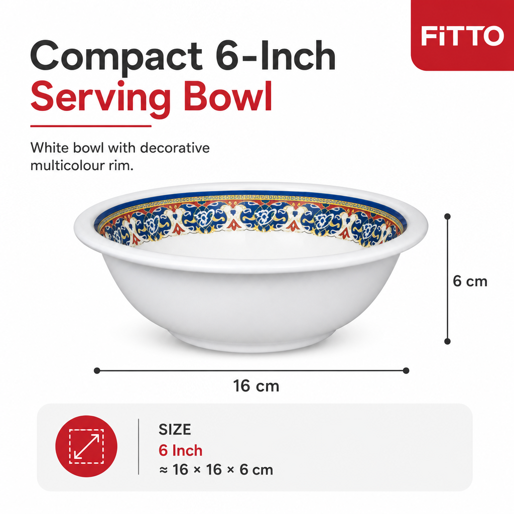 120 Pieces Melamine Salad Bowl, 6 Inch, White with Decorative Multicolour Rim, Single Bowl