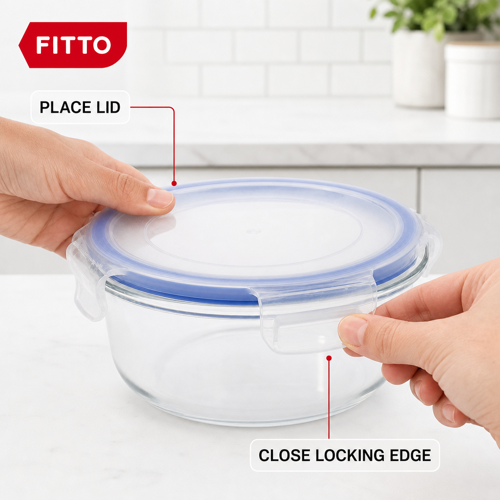 96 Pieces Round Glass Food Storage Containers with Locking PP Lid, 600 ml, Clear Body with Blue Rim