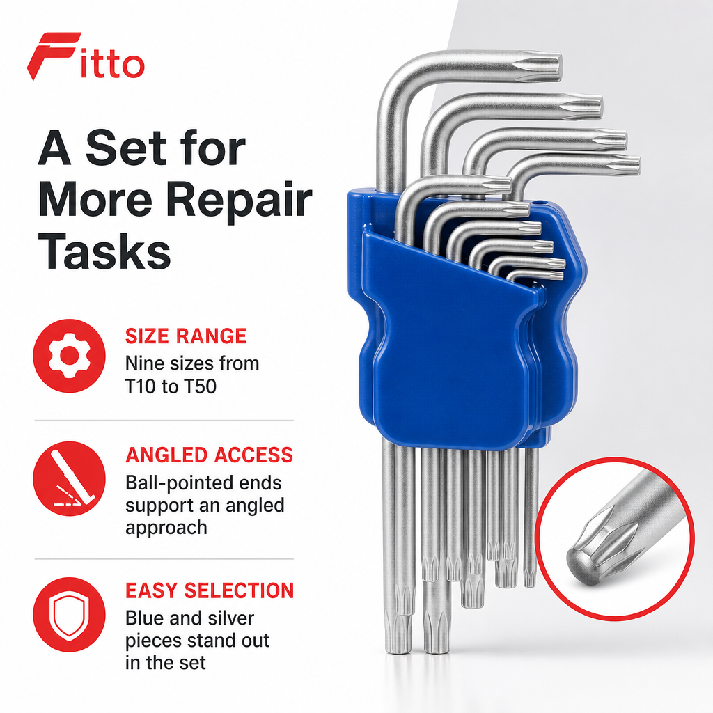 96 Pieces Ball Pointed Hex Key Set T10–T50, Blue and Silver, 9 Pieces