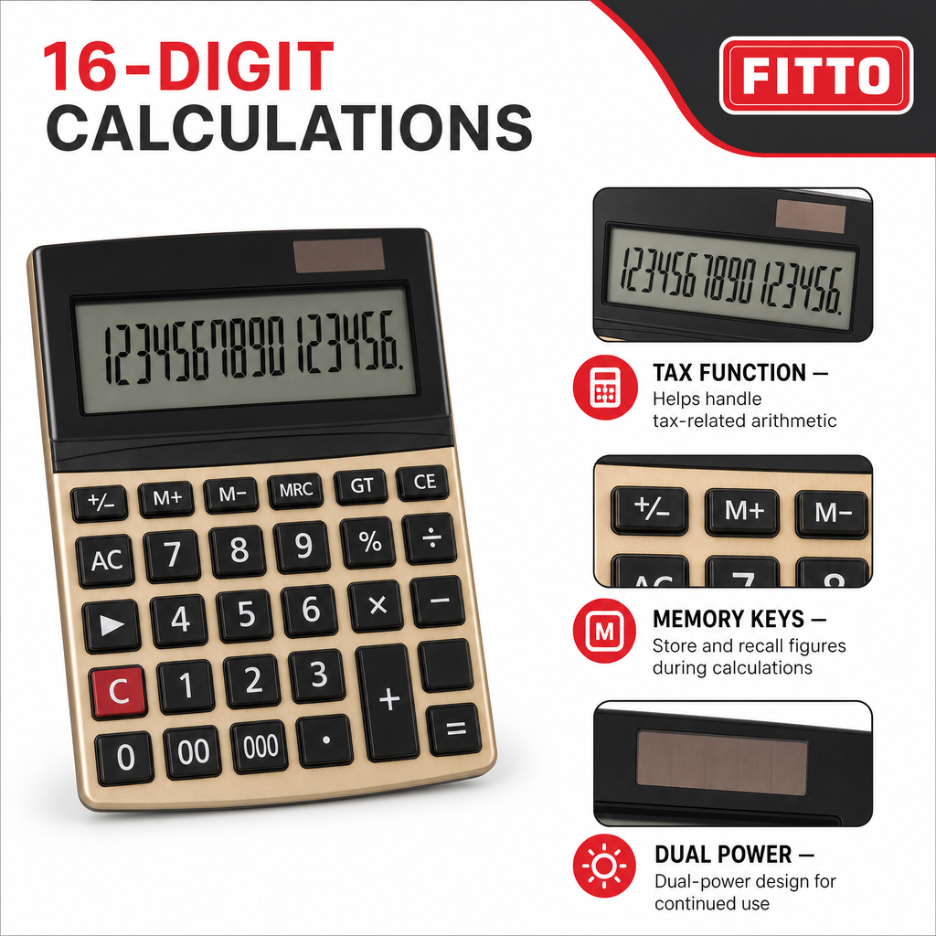 72 Pieces 16-Digit Electronic Calculators with Tax Function and Dual Power, Black and Gold, 1 Piece