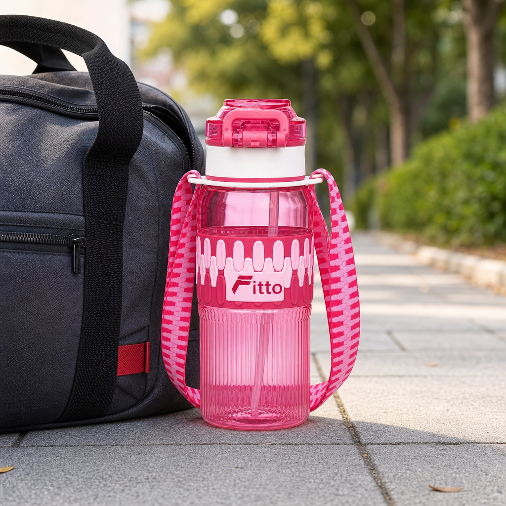 96 Pieces Sports Water Bottles with Flip Lid and Carry Strap, Pink Printed Design, 600 ml