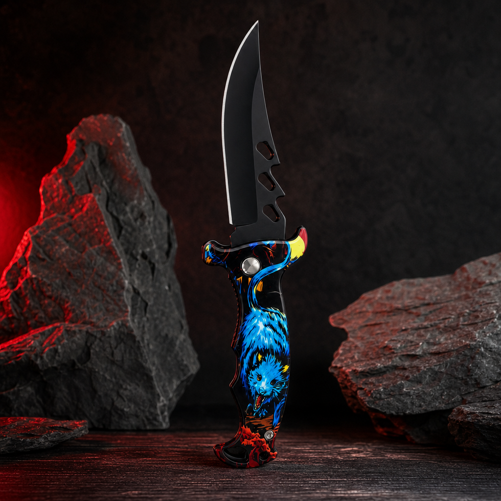 120 Pieces Fantasy Flaming Dragon Design Folding Knives, 20 cm, Black Blue Silver, 1 Piece