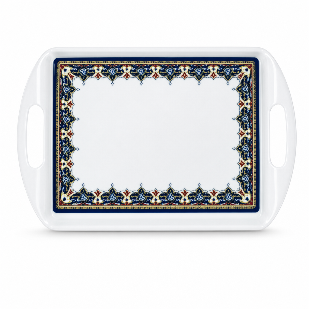 96 Pieces Melamine Rectangular Serving Trays with Handles, 18 Inch, Ornate Border Design