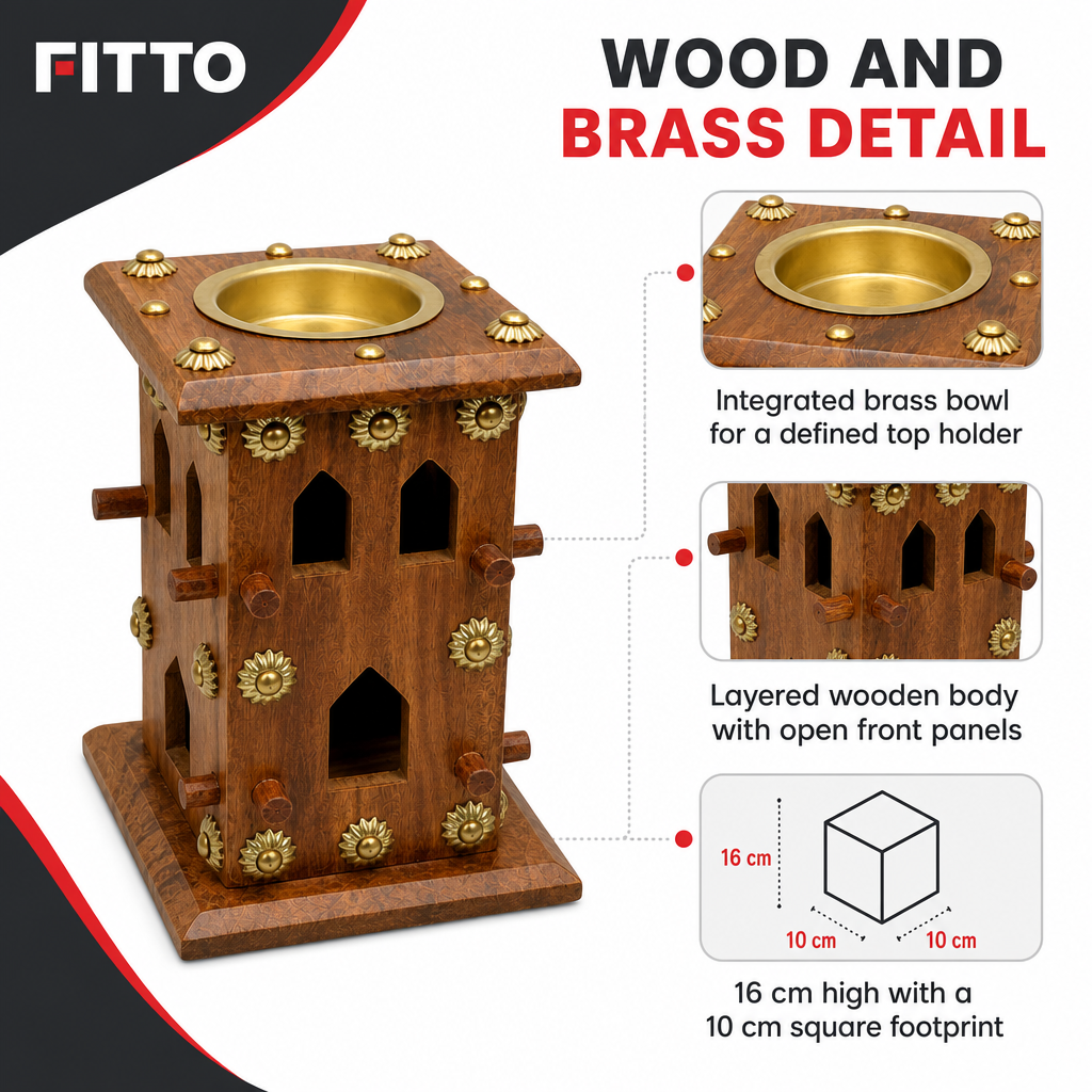 72 Pieces Wooden Bakhoor Incense Burner with Brass Bowl, Big, 16 cm