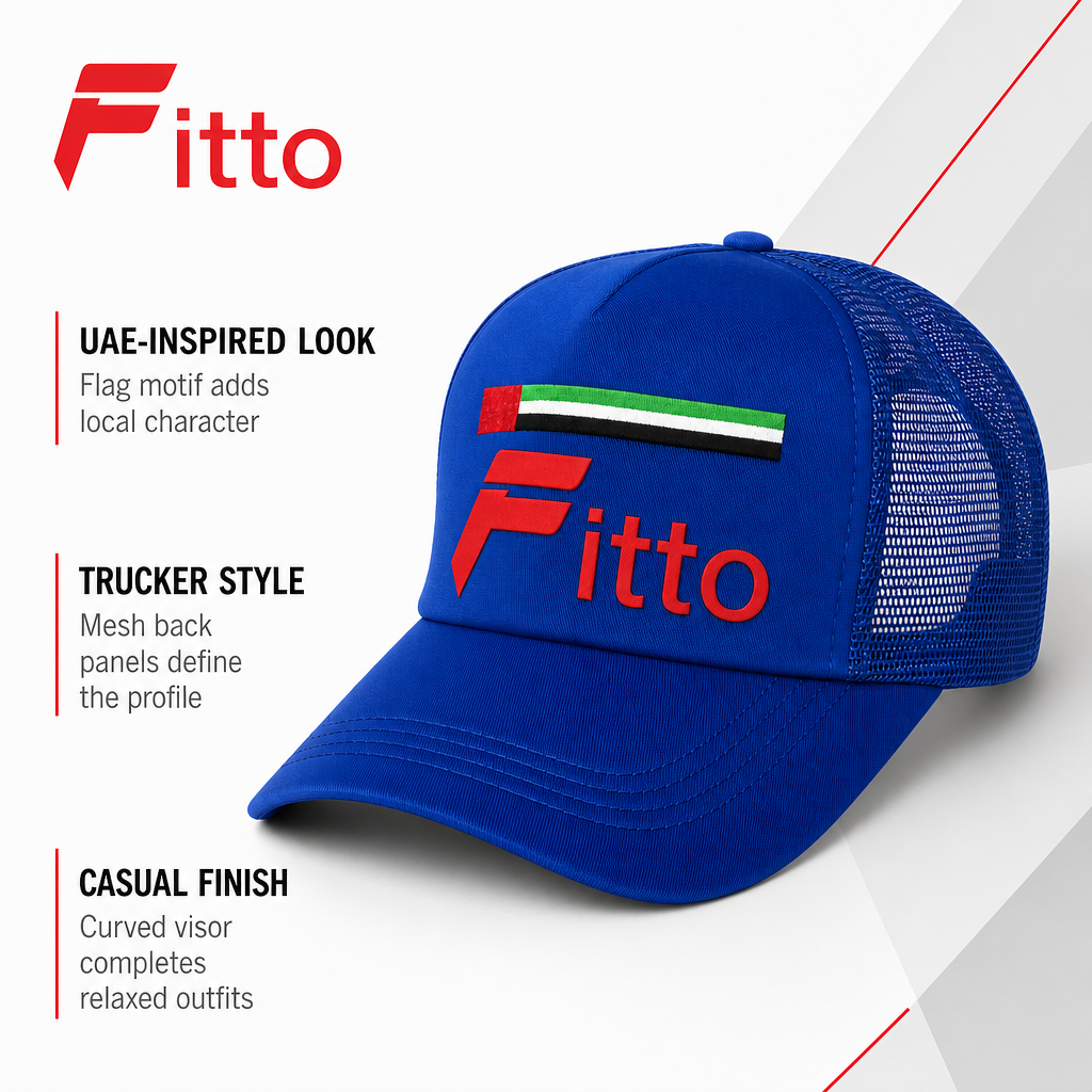 120 Pieces Blue Trucker Cap with UAE Flag Design, Curved Visor and Mesh Back, 1 Piece