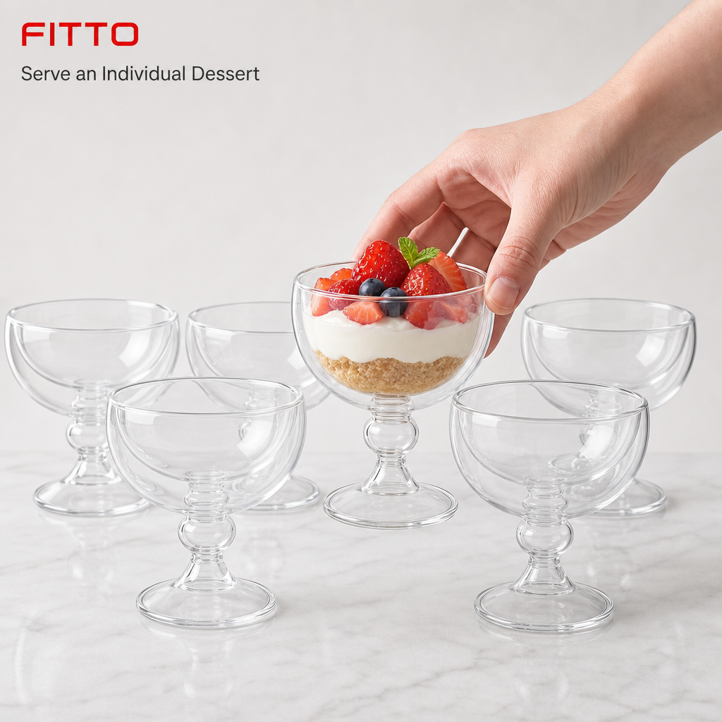 60 Pieces Double-Wall Glass Dessert Cup Set, Clear Stemmed Dessert Bowls, 6 Pieces