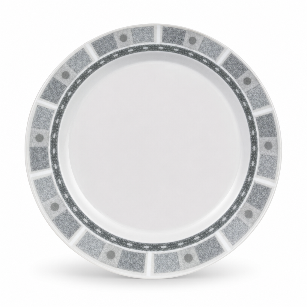 120 Pieces Dinner Plate, 8 Inch, Grey Geometric Border, Round Tablewares