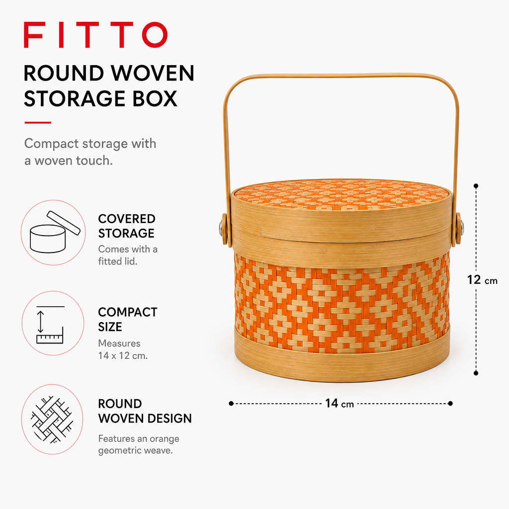 96 Pieces Round Woven Storage Box With Lid, Orange Pattern, 14 x 12 cm