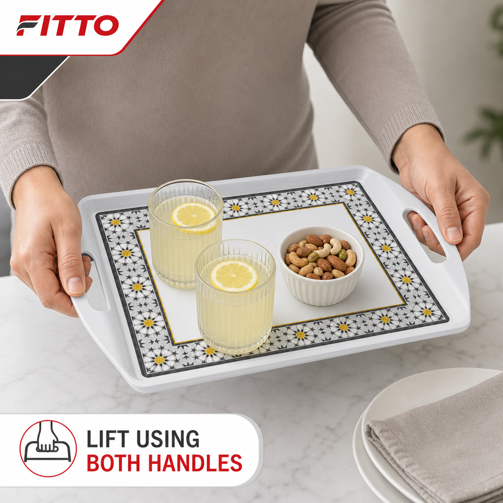 96 Pieces Rectangular Serving Trays with Dual Handles, 18 Inch, White and Grey with Yellow Accents