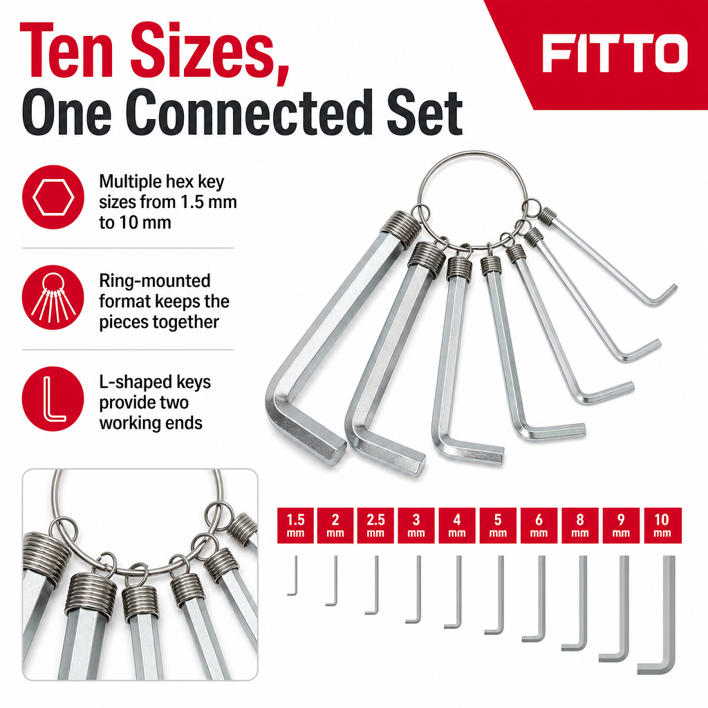 144 Pieces Hex Key Set on Ring, 1.5–10 mm Sizes, Silver, 10 Pieces