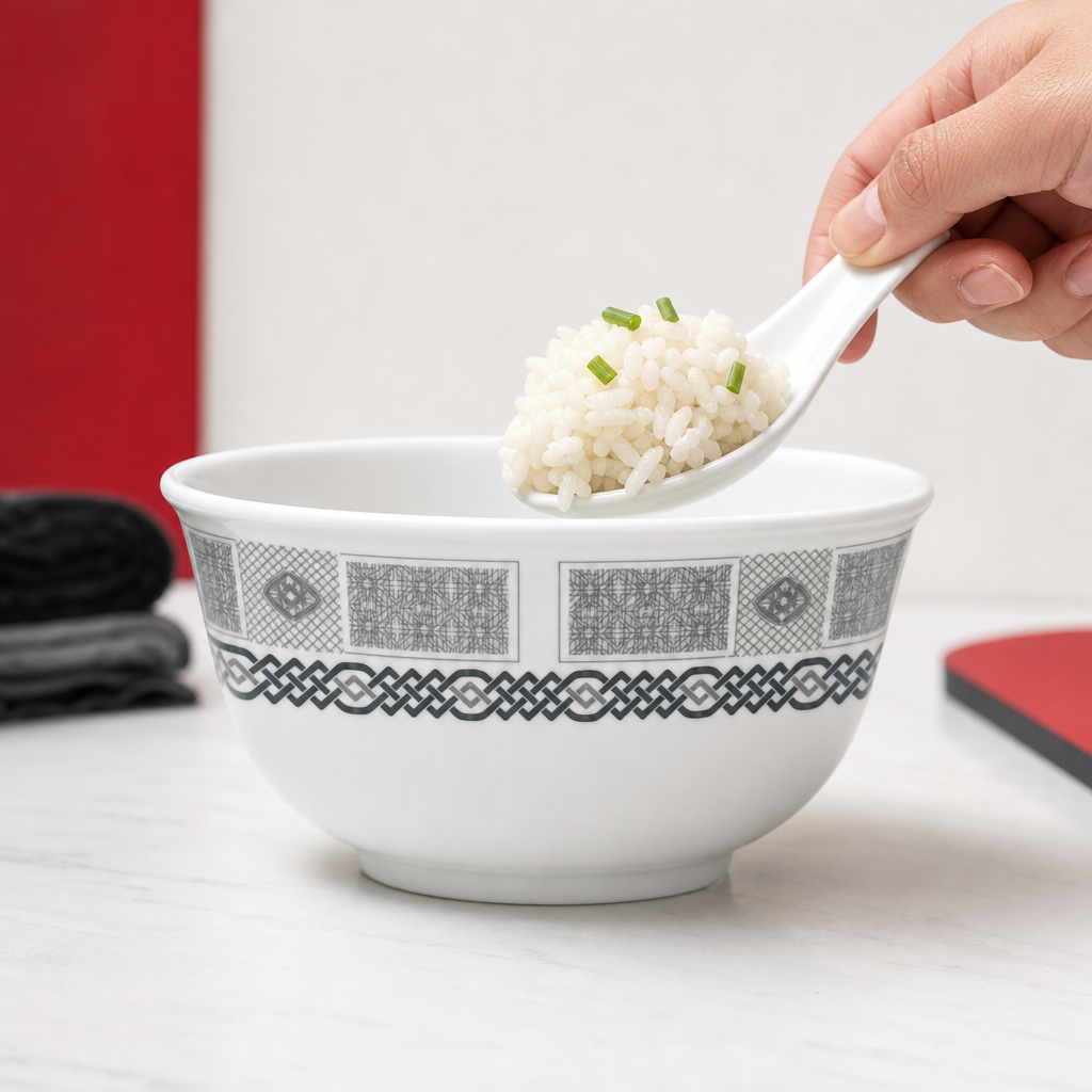 240 Pieces Melamine Rice Bowl, 3.5 Inch, Grey Geometric Border, Single Bowl for Serving Rice and Side Dishes