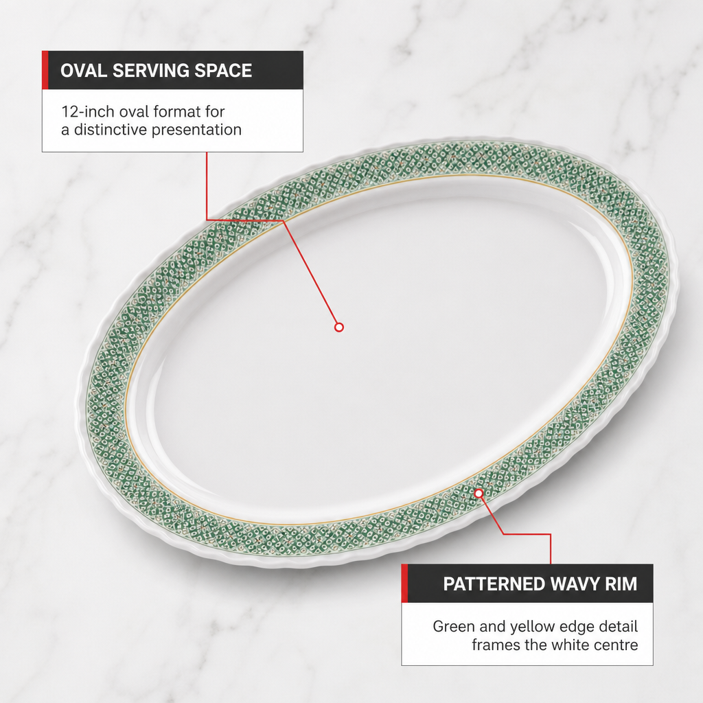 96 Pieces Melamine Wavy Oval Serving Plate, 12 Inch, White with Green and Yellow Pattern
