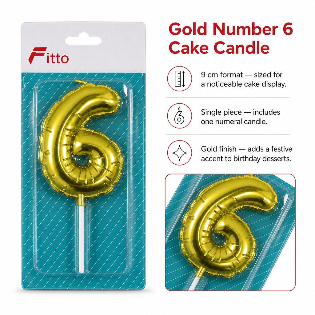 144 Pieces Gold Number 6 Birthday Cake Candle, 9 cm, Single Piece